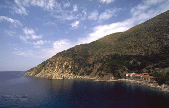 The Grigoriou monastery is built upon a cliff facing the sea, where a visitor is marveled by the peaceful harmony of nature and how it can be captured, while it having the presence of confronting the frightening storms that originate from nature itself